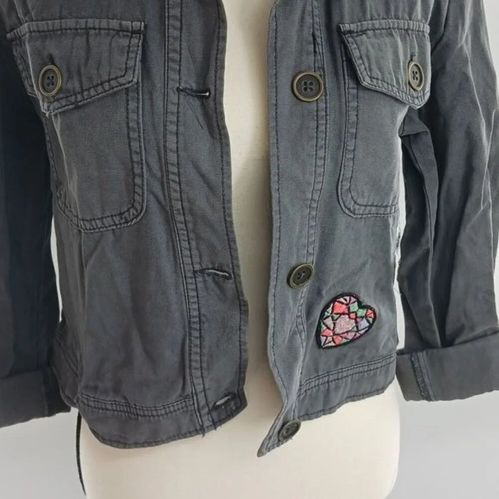 Mossimo Utility Jacket Womens Size S Gray Button Front Embroidered Patchwork - Picture 3 of 7